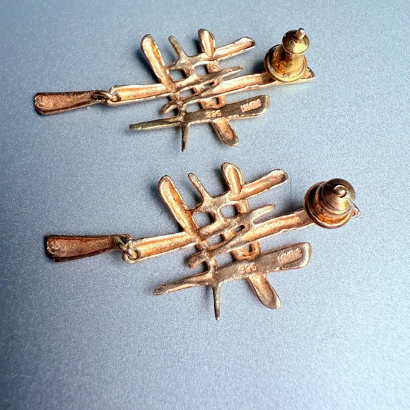 Brutalist Cross Hatch Mid Century Sterling Silver 925, Gold Dangle Earrings MCM